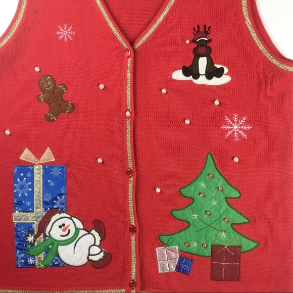White Stag Christmas Sweater Vest Size Large Red Holiday Tree Snowman Reindeer - Picture 1 of 6